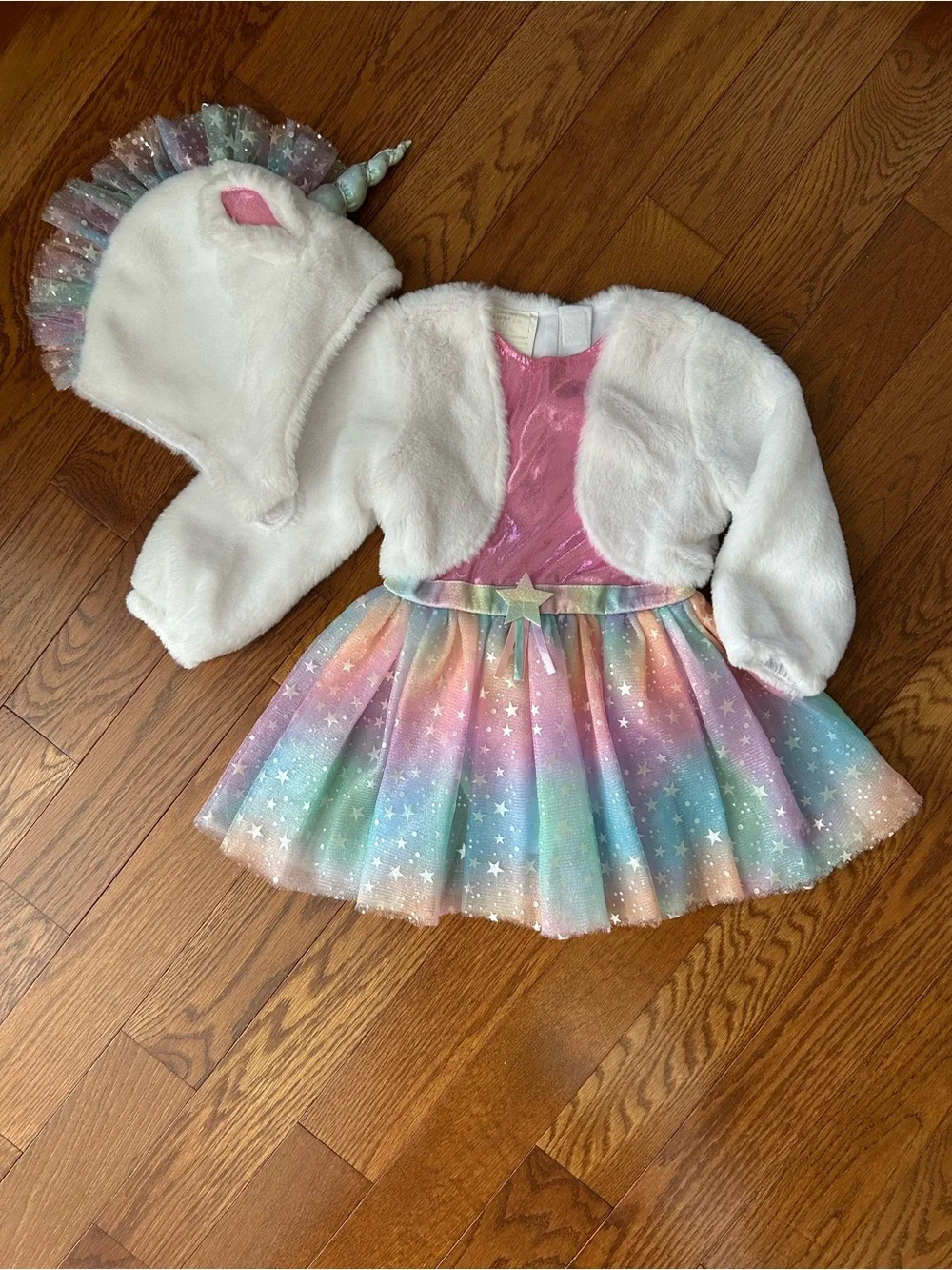 White Faux Fur Unicorn Costume, Pastel Rainbow Tulle Skirt, Unicorn Head Hood 2T